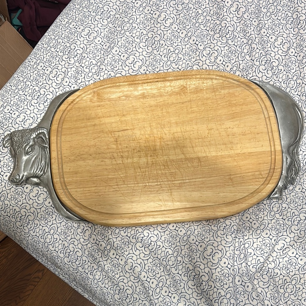 Wood and Silver Cutting Board with Cow Design